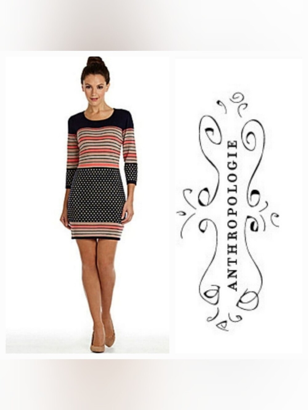 THML ¾ Sleeve Crewneck Dress Navy Dot Coral/Tan Stripe Sz M